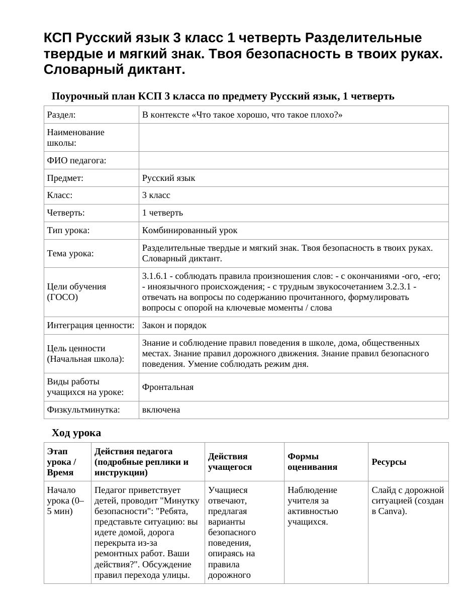 КСП Русский язык 3 класс 1 четверть Разделительные твердые и мягкий знак. Твоя безопасность в твоих руках. Словарный диктант.