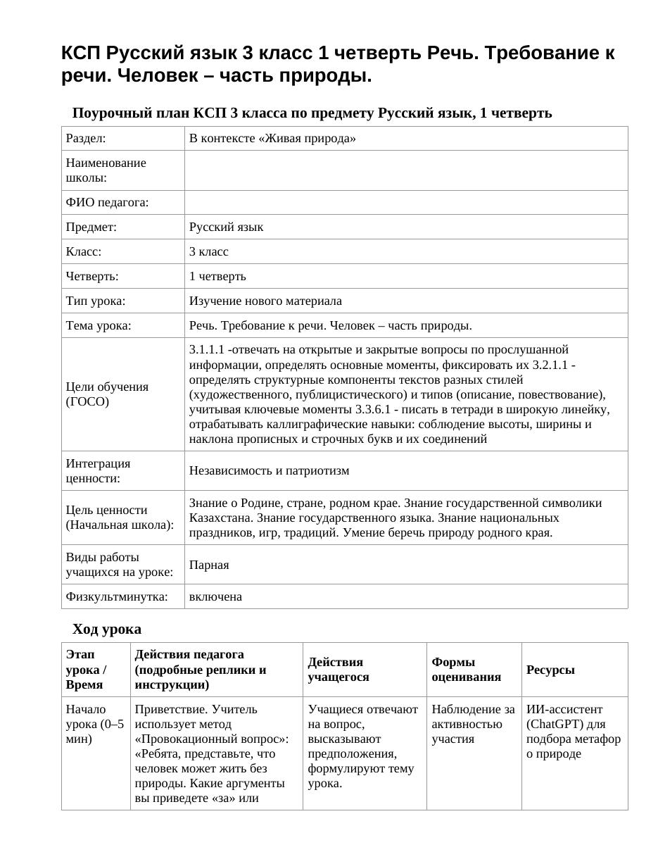 КСП Русский язык 3 класс 1 четверть Речь. Требование к речи. Человек – часть природы.