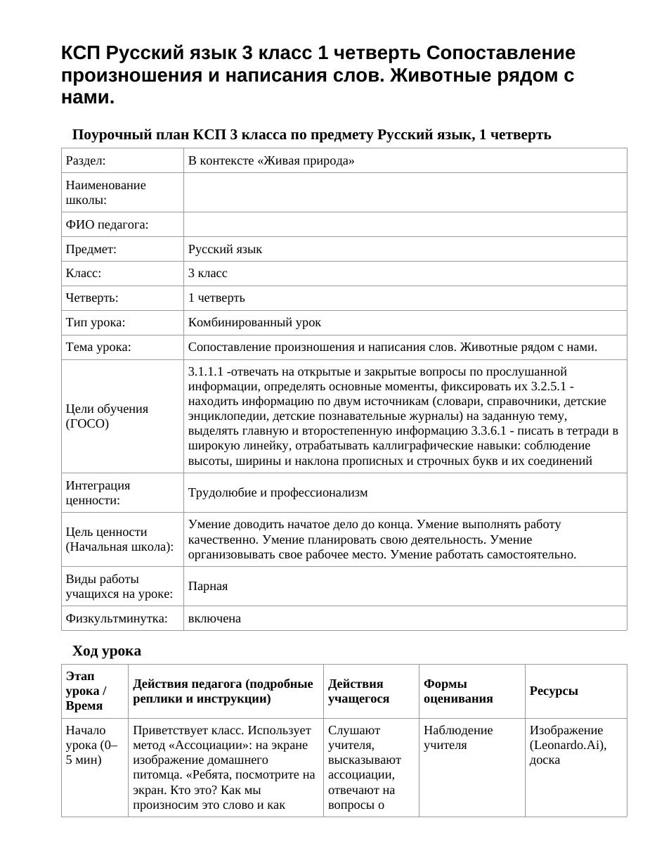 КСП Русский язык 3 класс 1 четверть Сопоставление произношения и написания слов. Животные рядом с нами.