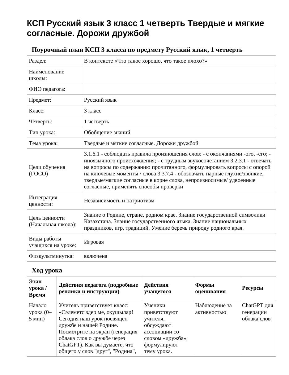 КСП Русский язык 3 класс 1 четверть Твердые и мягкие согласные. Дорожи дружбой