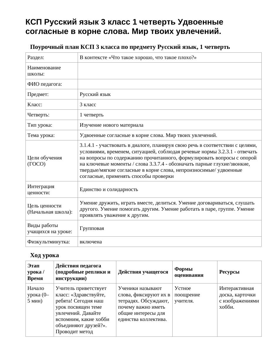 КСП Русский язык 3 класс 1 четверть Удвоенные согласные в корне слова. Мир твоих увлечений.