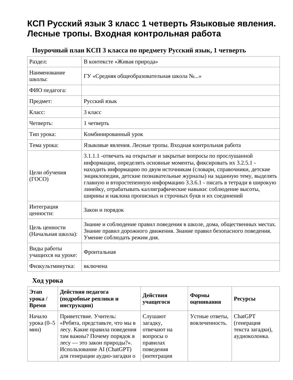 КСП Русский язык 3 класс 1 четверть Языковые явления. Лесные тропы. Входная контрольная работа