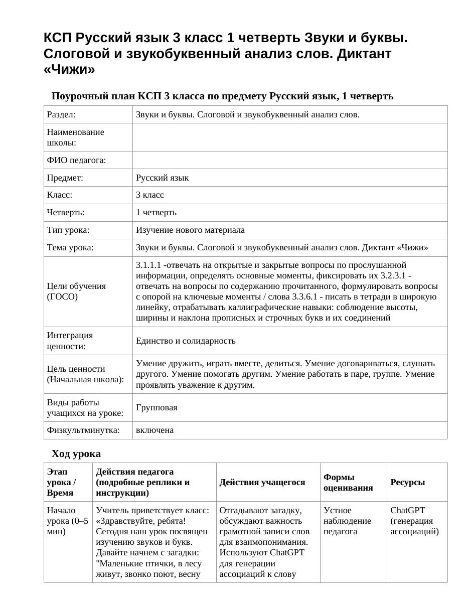 КСП Русский язык 3 класс 1 четверть Звуки и буквы. Слоговой и звукобуквенный анализ слов. Диктант «Чижи»
