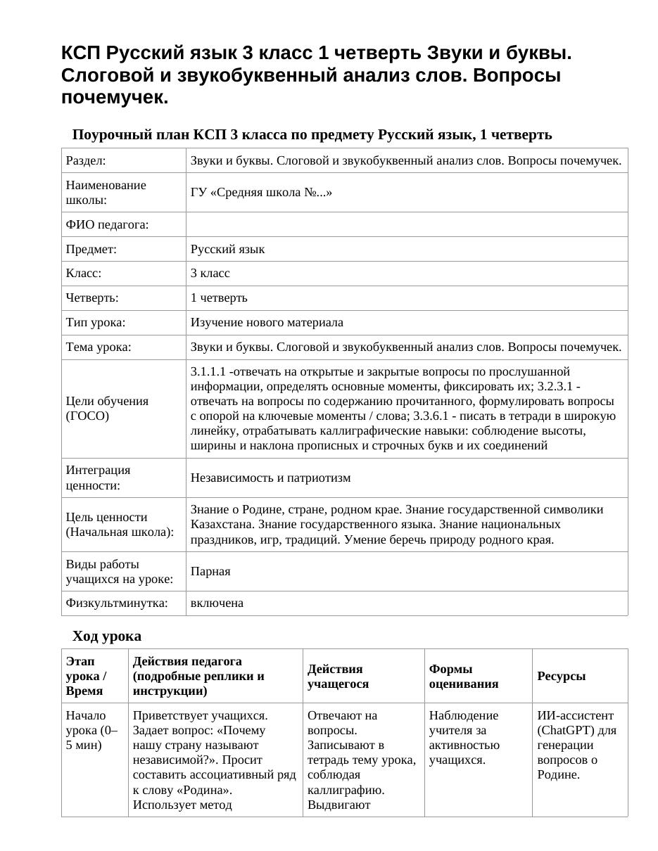 КСП Русский язык 3 класс 1 четверть Звуки и буквы. Слоговой и звукобуквенный анализ слов. Вопросы почемучек.