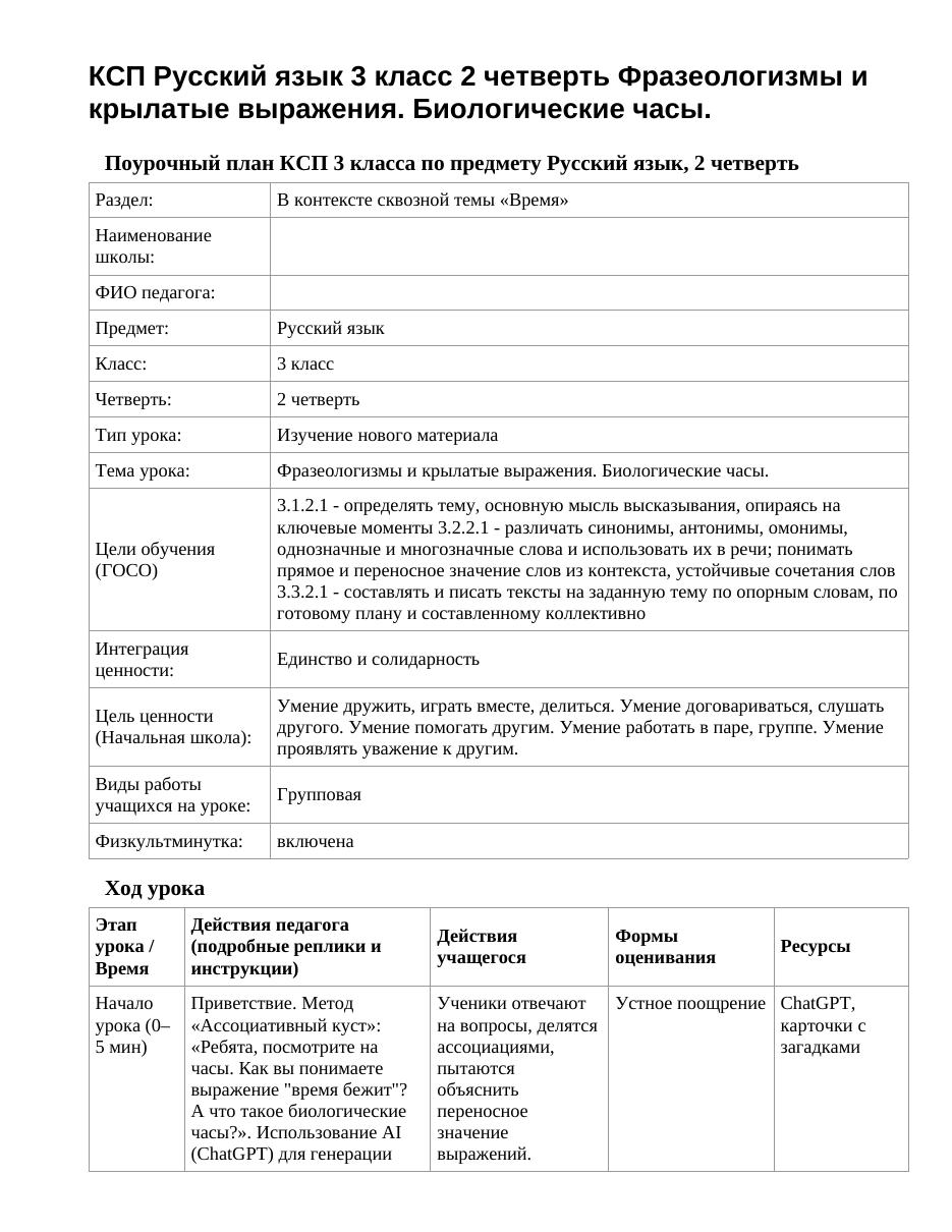 КСП Русский язык 3 класс 2 четверть Фразеологизмы и крылатые выражения. Биологические часы.