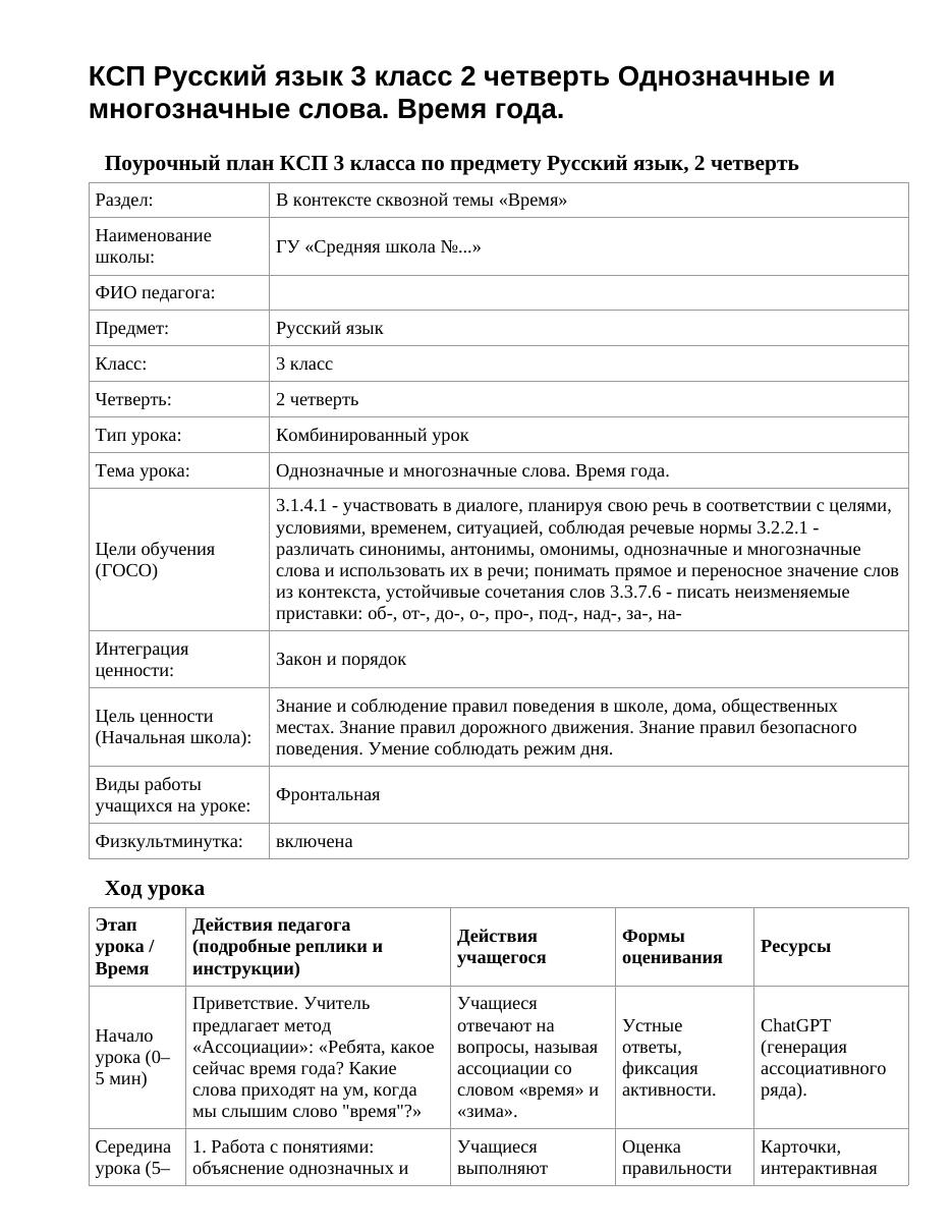 КСП Русский язык 3 класс 2 четверть Однозначные и многозначные слова. Время года.