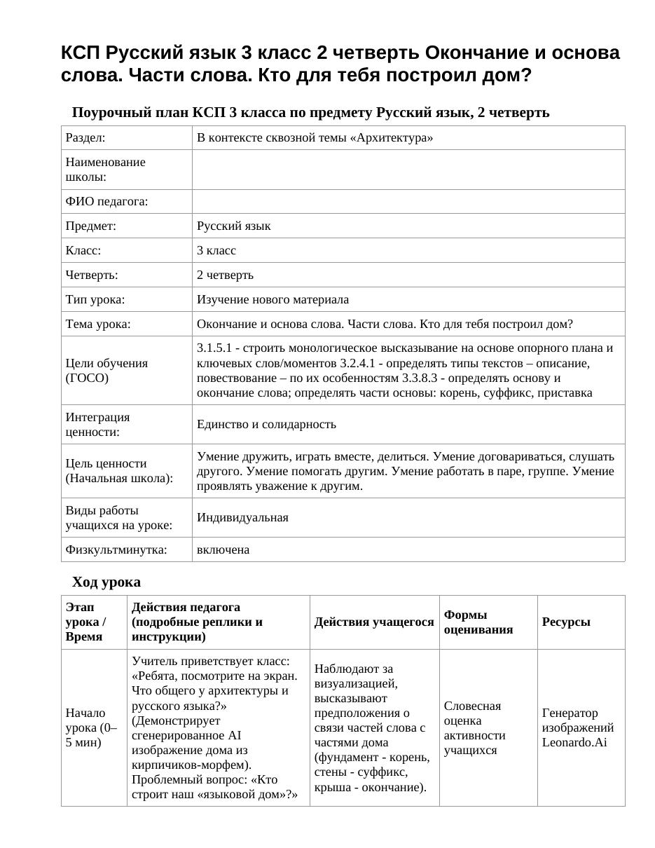 КСП Русский язык 3 класс 2 четверть Окончание и основа слова. Части слова. Кто для тебя построил дом?