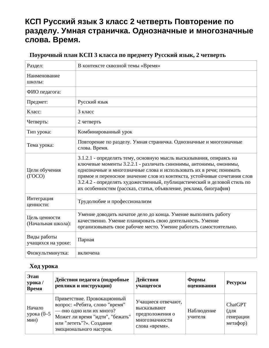 КСП Русский язык 3 класс 2 четверть Повторение по разделу. Умная страничка. Однозначные и многозначные слова. Время.