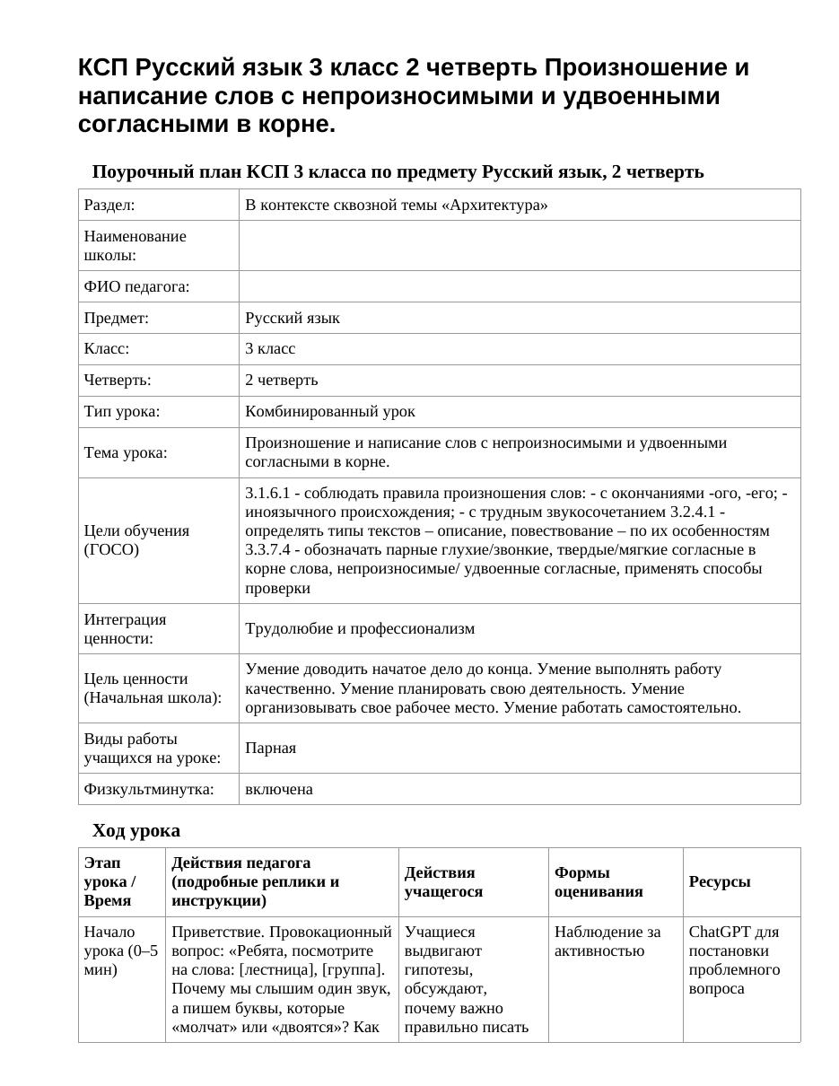 КСП Русский язык 3 класс 2 четверть Произношение и написание слов с непроизносимыми и удвоенными согласными в корне.