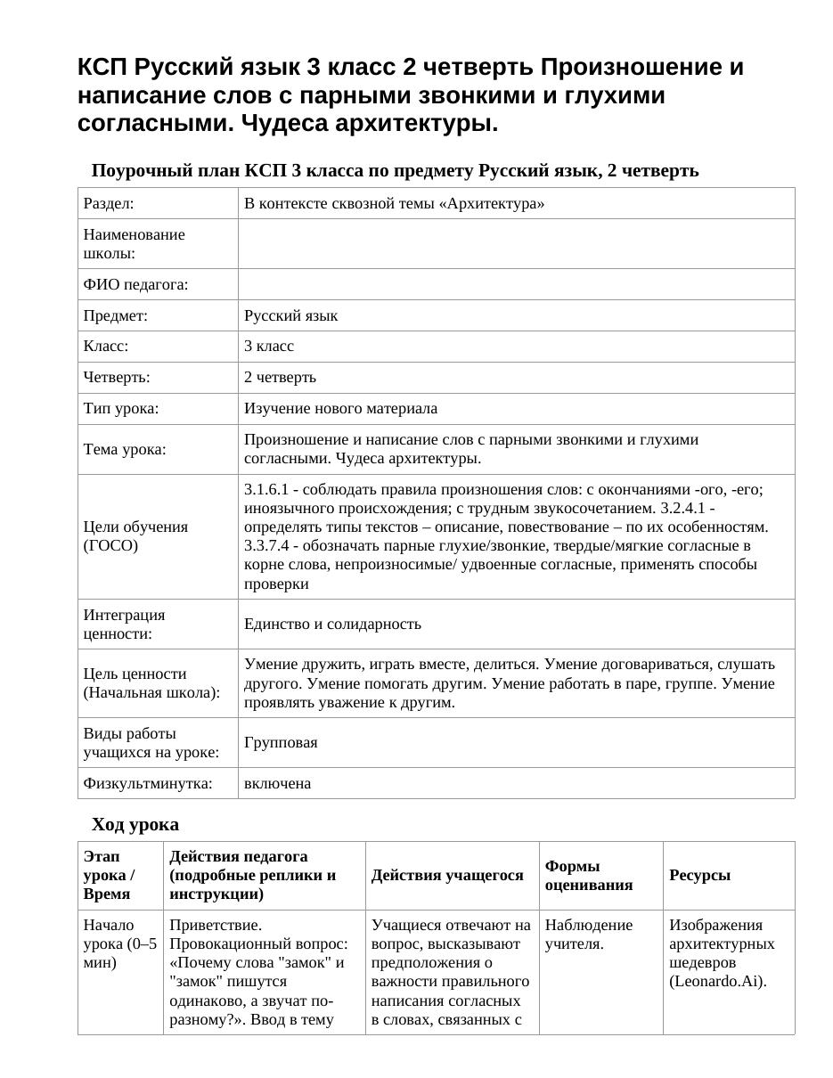 КСП Русский язык 3 класс 2 четверть Произношение и написание слов с парными звонкими и глухими согласными. Чудеса архитектуры.