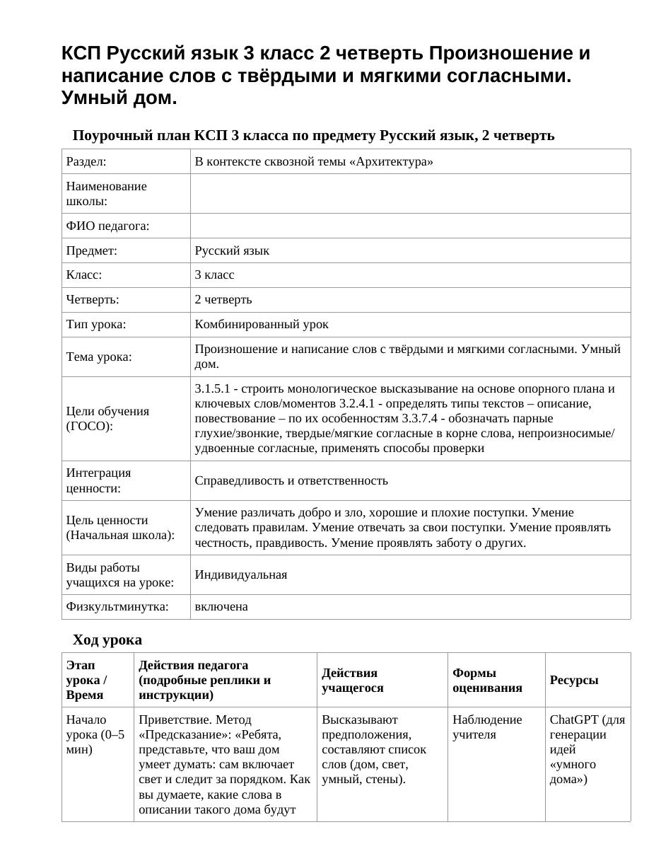 КСП Русский язык 3 класс 2 четверть Произношение и написание слов с твёрдыми и мягкими согласными. Умный дом.
