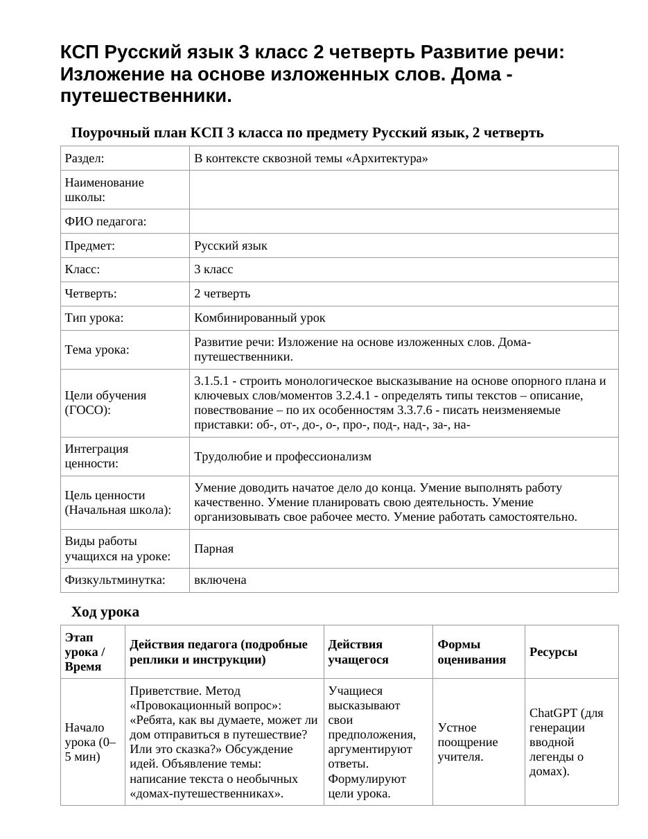 КСП Русский язык 3 класс 2 четверть Развитие речи: Изложение на основе изложенных слов. Дома -путешественники.