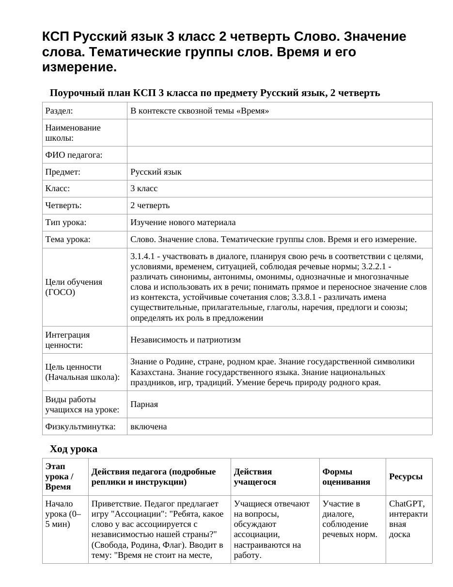 КСП Русский язык 3 класс 2 четверть Слово. Значение слова. Тематические группы слов. Время и его измерение.