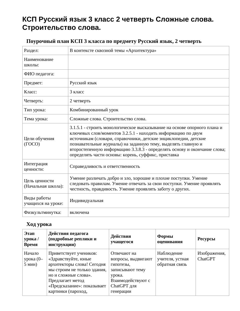 КСП Русский язык 3 класс 2 четверть Сложные слова. Строительство слова.