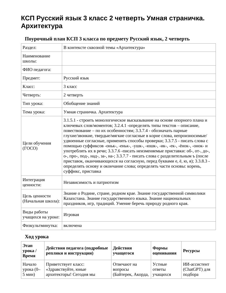 КСП Русский язык 3 класс 2 четверть Умная страничка. Архитектура