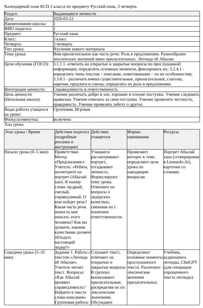 КСП Русский язык 3 класс 3 четверть Имя прилагательное как часть