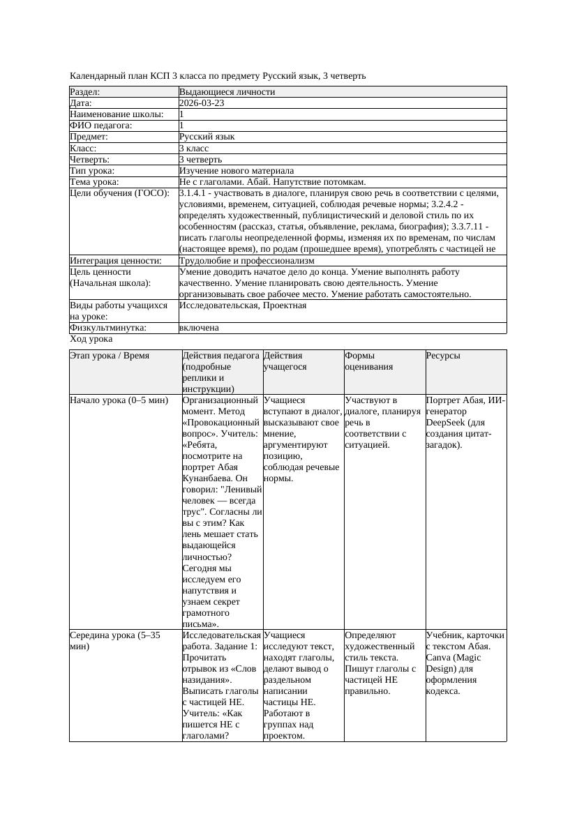 КСП Русский язык 3класс 3 четверть Не с глаголами Абай Напутствие
