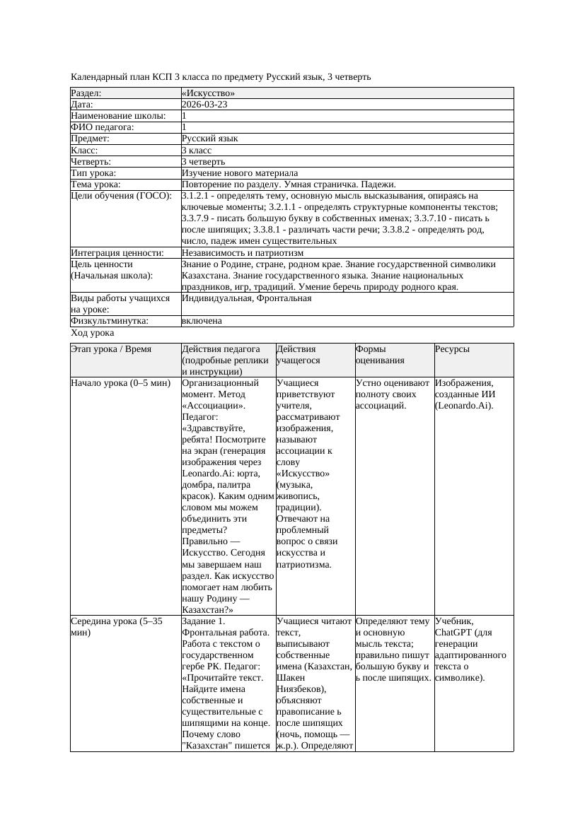 КСП Русский язык 3класс 3 четверть Повторение по разделу Умная страничка