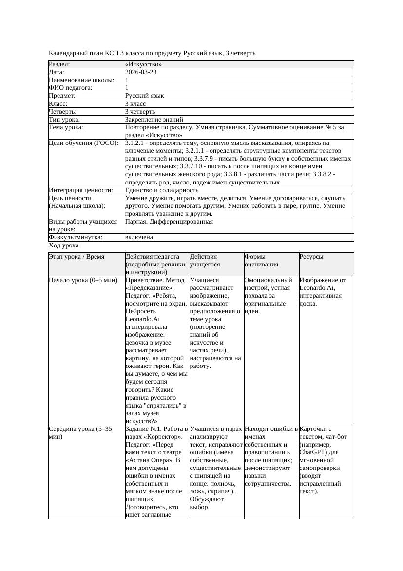 КСП Русский язык 3класс 3 четверть Повторение по разделу Умная страничка