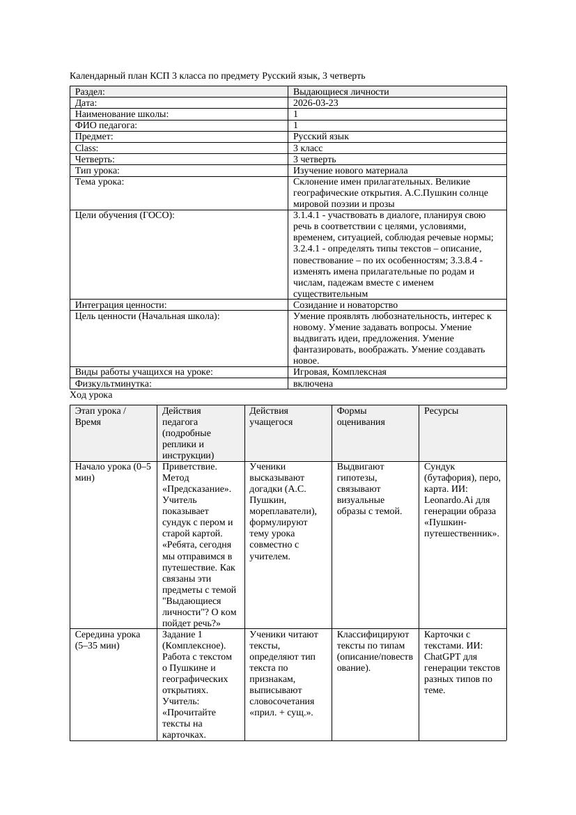 КСП Русский язык 3класс 3 четверть Склонение имен прилагательных