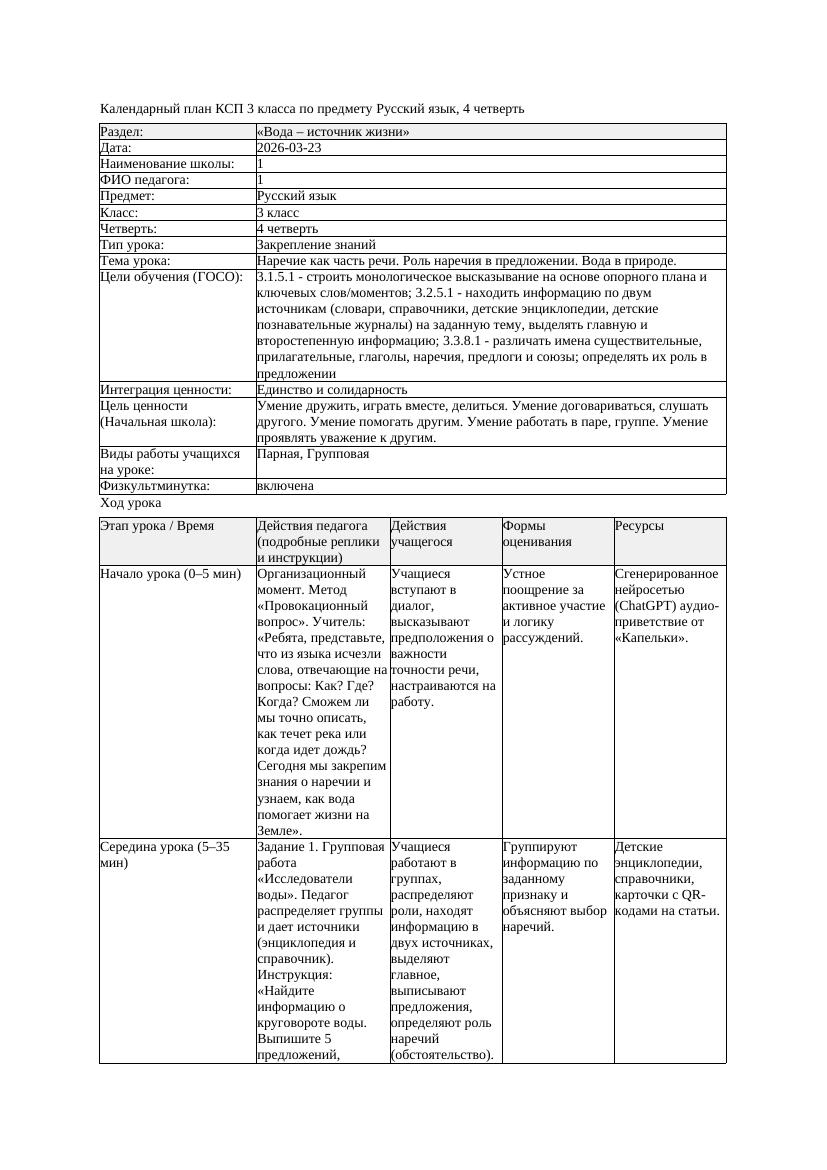 КСП Русский язык 3класс 4 четверть Наречие как часть речи Роль наречия
