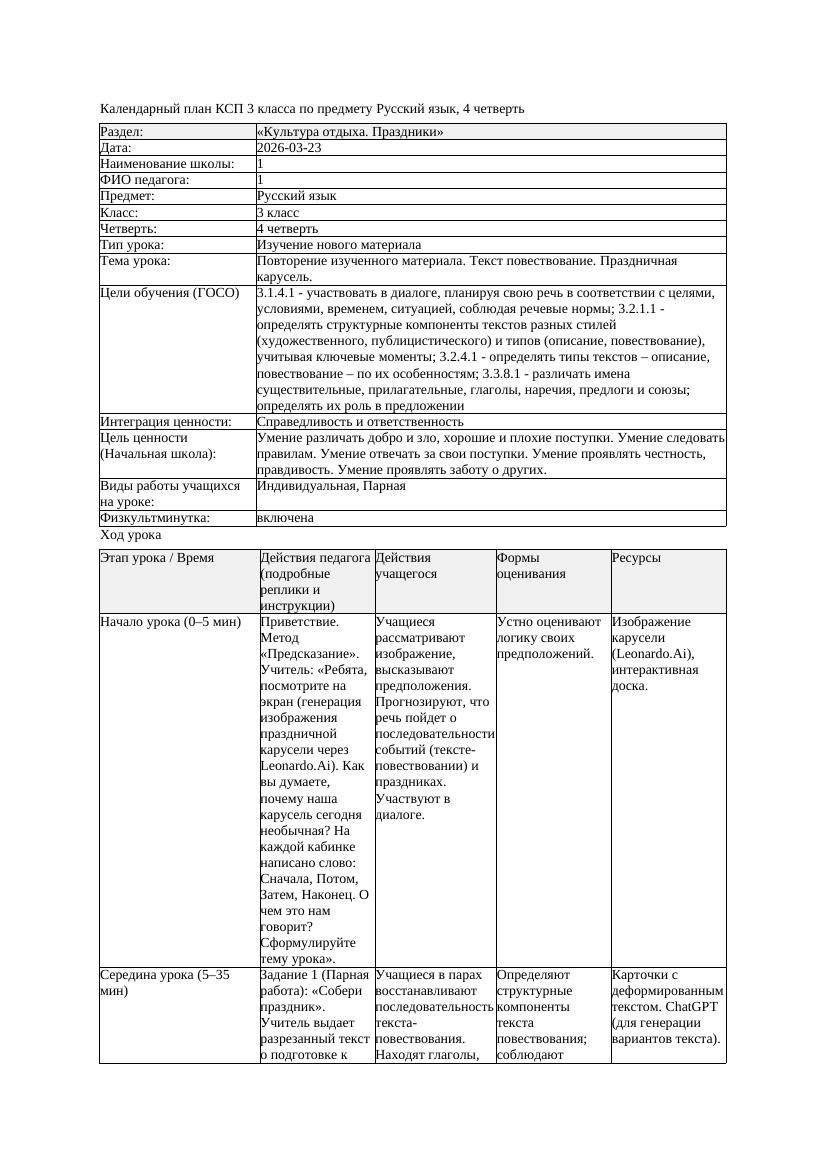 КСП Русский язык 3класс 4 четверть Повторение изученного материала