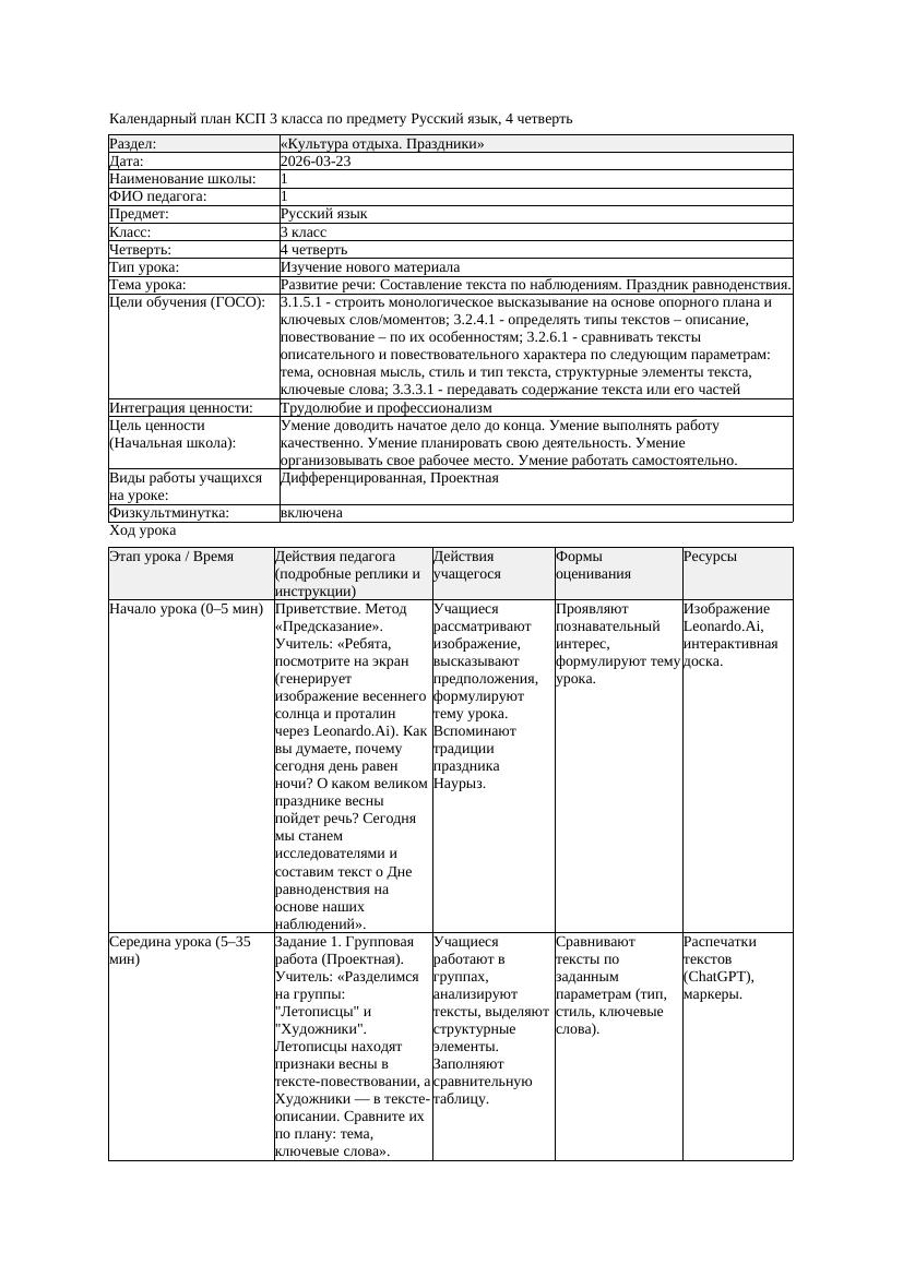 КСП Русский язык 3класс 4 четверть Развитие речи Составление текста