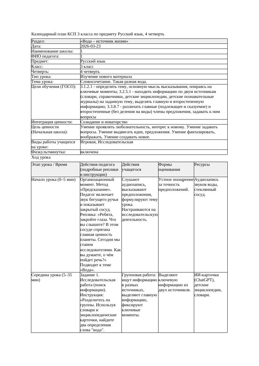 КСП Русский язык 3класс 4 четверть Словосочетание Такая разная вода