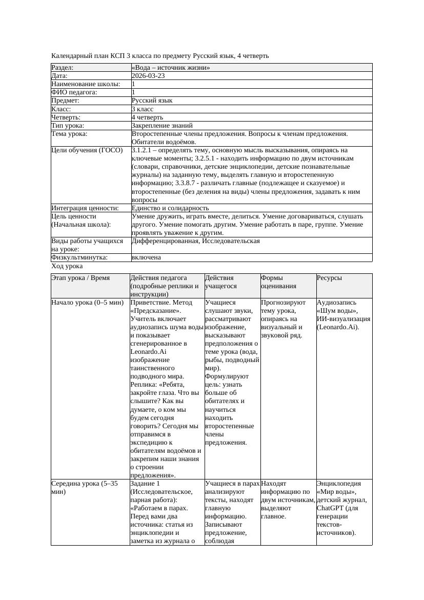 КСП Русский язык 3класс 4 четверть Второстепенные члены предложения