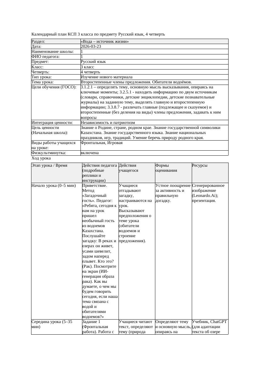 КСП Русский язык 3класс 4 четверть Второстепенные члены предложения