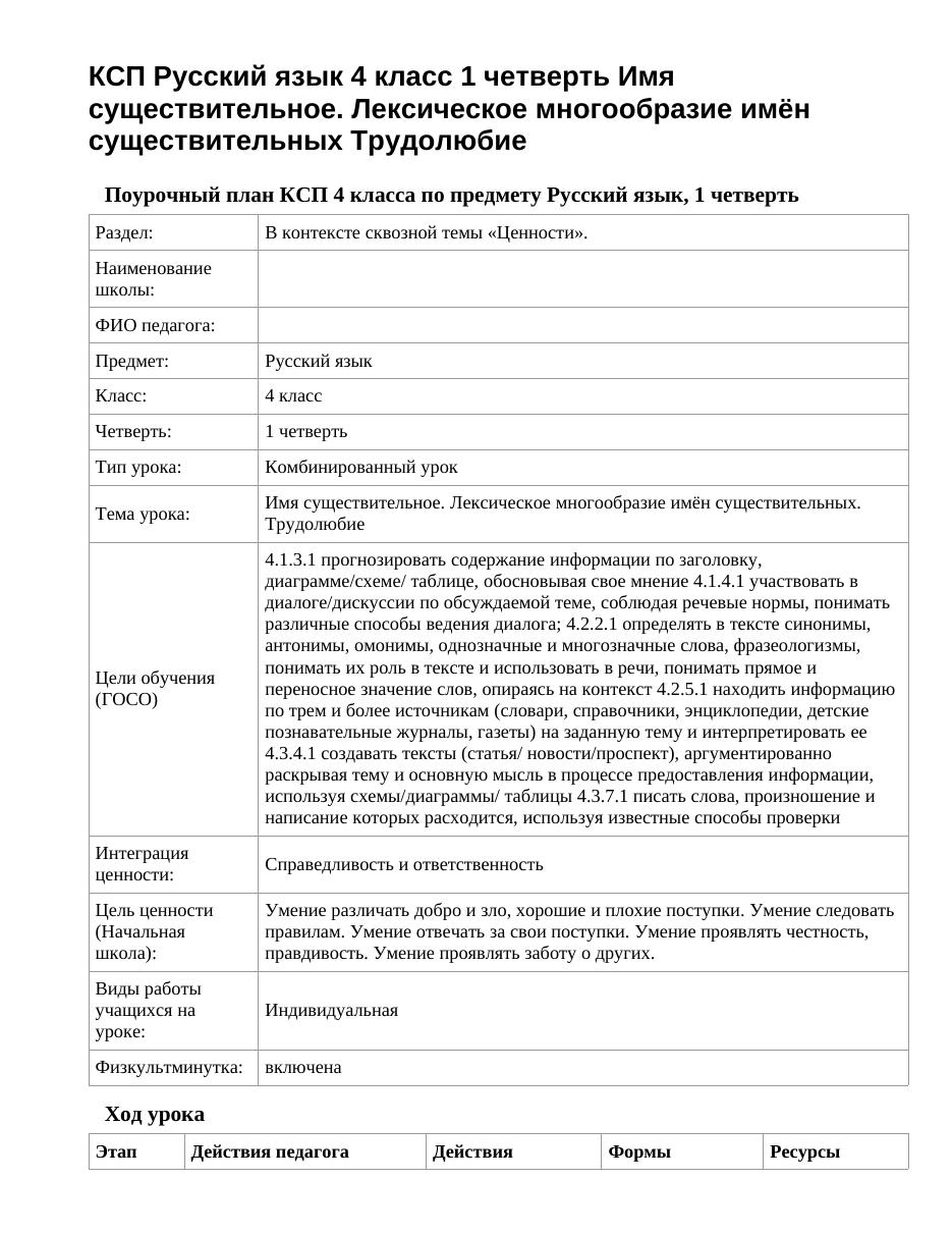 КСП Русский язык 4 класс 1 четверть Имя существительное. Лексическое многообразие имён существительных Трудолюбие