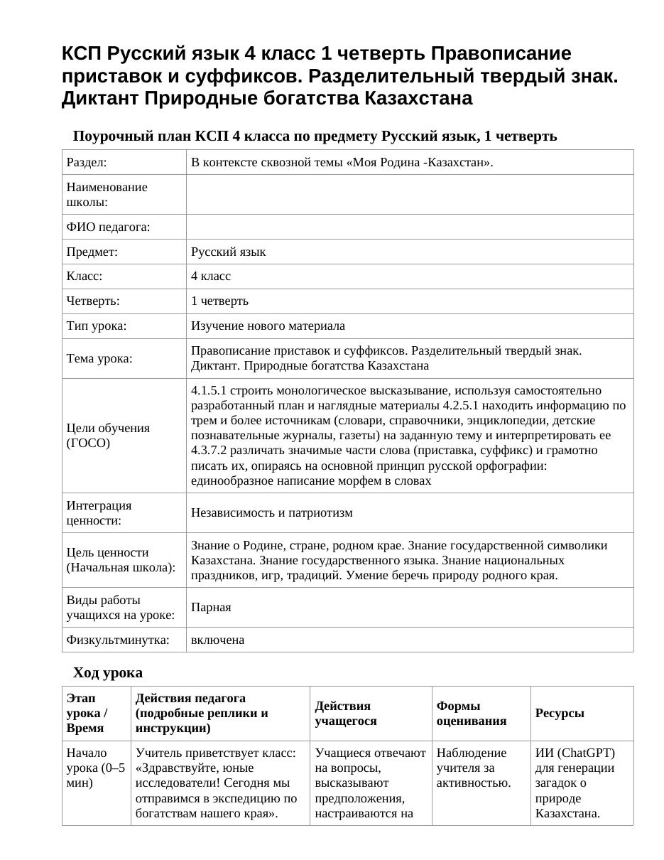 КСП Русский язык 4 класс 1 четверть Правописание приставок и суффиксов. Разделительный твердый знак. Диктант Природные богатства Казахстана