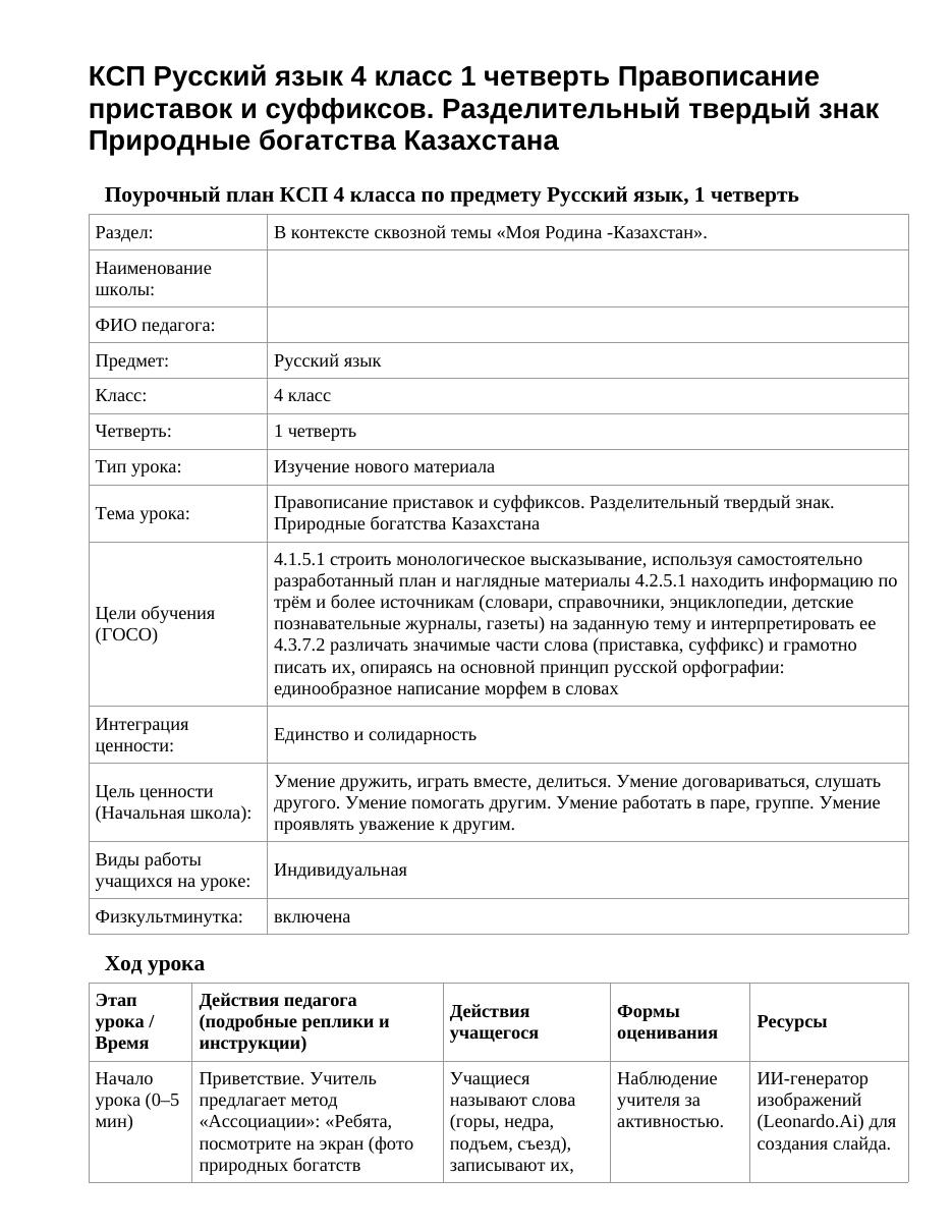 КСП Русский язык 4 класс 1 четверть Правописание приставок и суффиксов. Разделительный твердый знак Природные богатства Казахстана