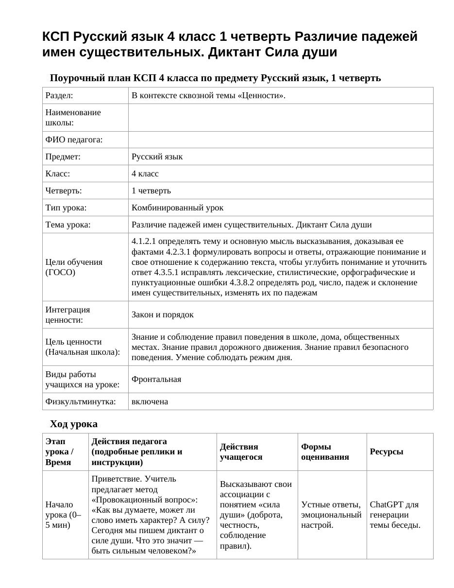 КСП Русский язык 4 класс 1 четверть Различие падежей имен существительных. Диктант Сила души