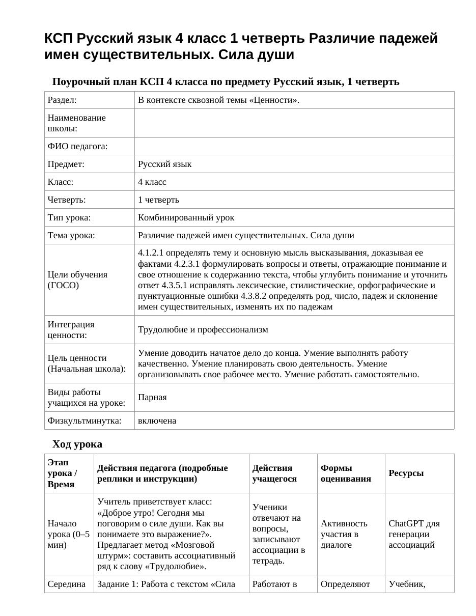 КСП Русский язык 4 класс 1 четверть Различие падежей имен существительных. Сила души