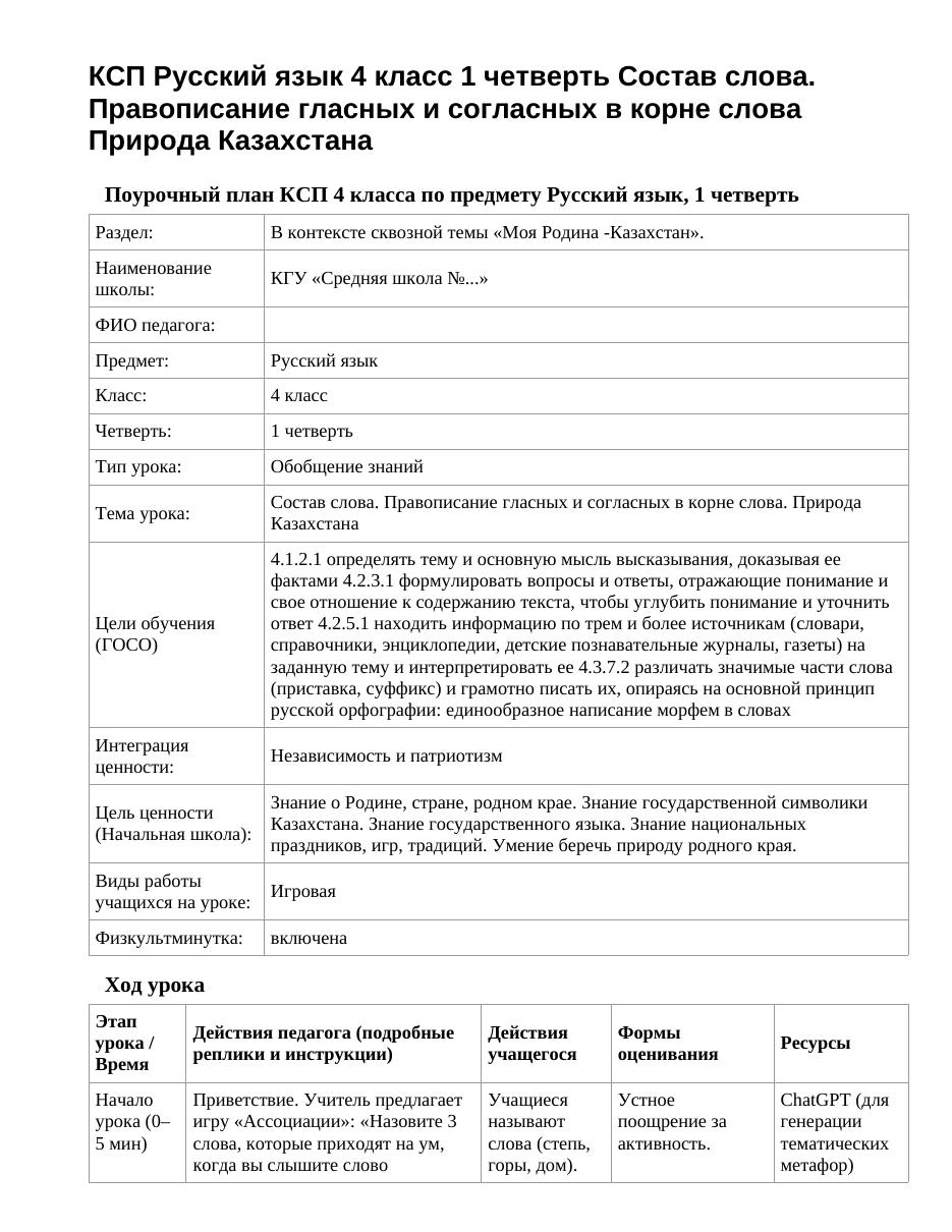 КСП Русский язык 4 класс 1 четверть Состав слова. Правописание гласных и согласных в корне слова Природа Казахстана