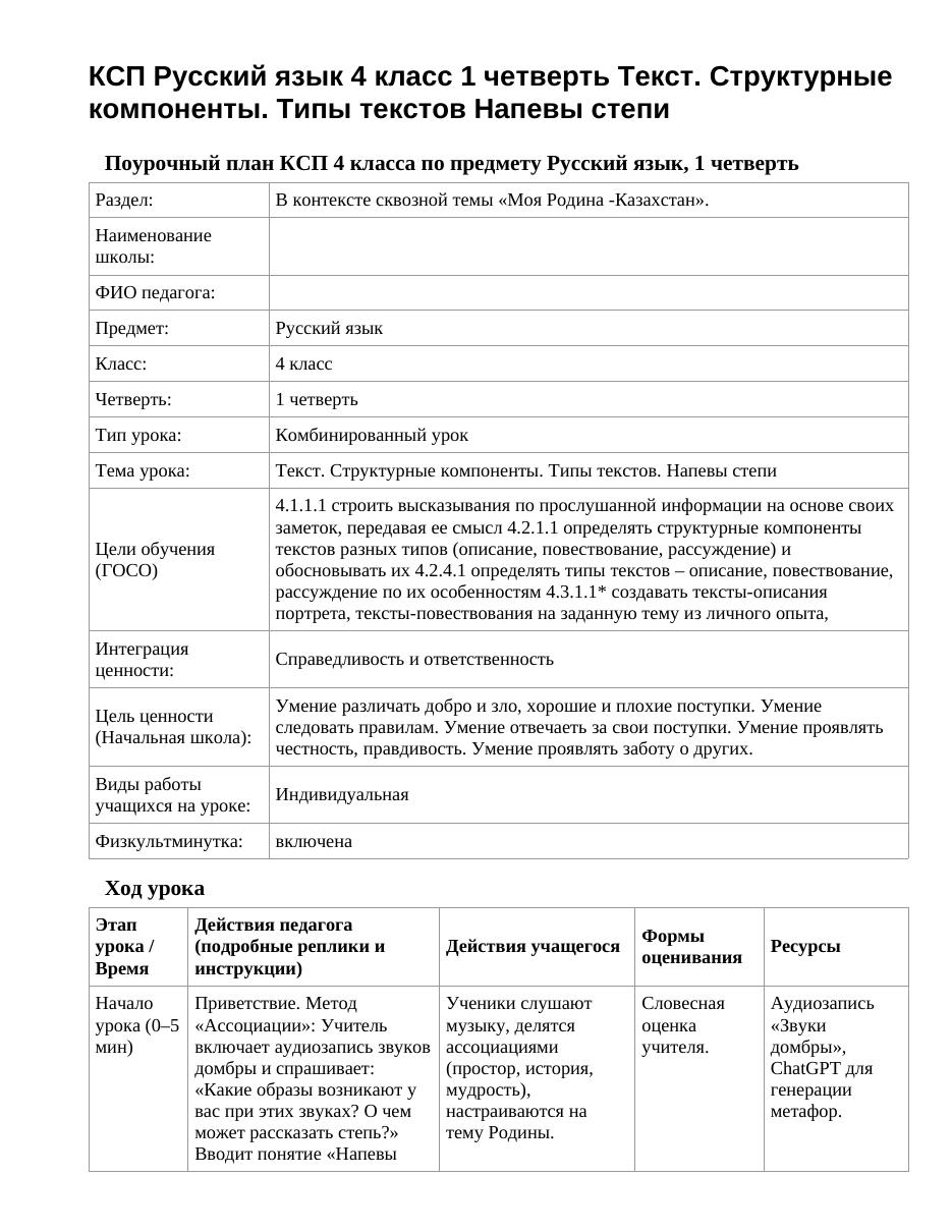 КСП Русский язык 4 класс 1 четверть Текст. Структурные компоненты. Типы текстов Напевы степи