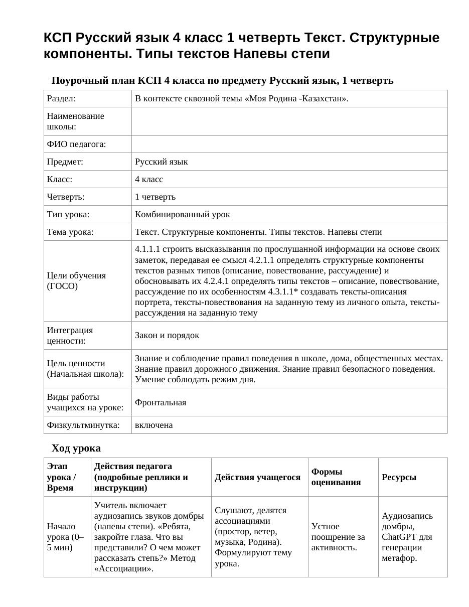 КСП Русский язык 4 класс 1 четверть Текст. Структурные компоненты. Типы текстов Напевы степи