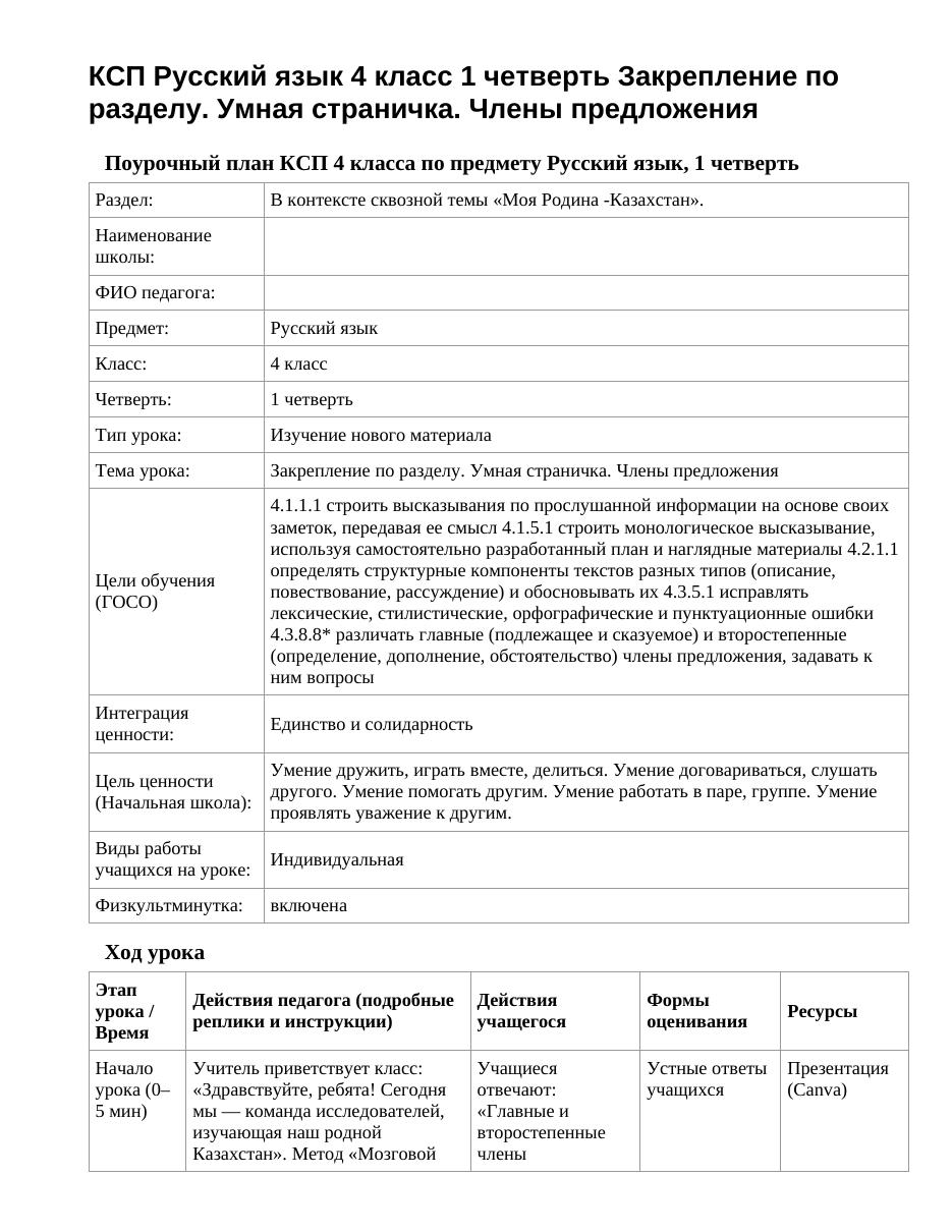 КСП Русский язык 4 класс 1 четверть Закрепление по разделу. Умная страничка. Члены предложения