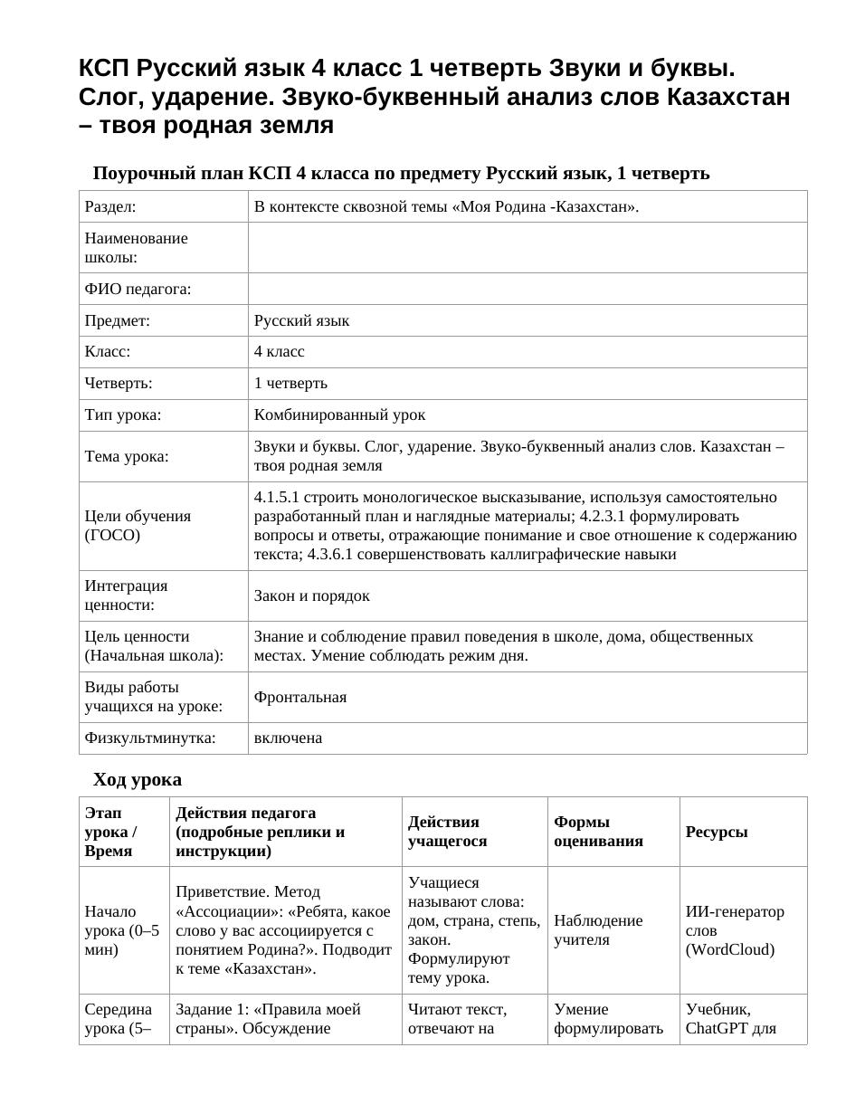 КСП Русский язык 4 класс 1 четверть Звуки и буквы. Слог, ударение. Звуко-буквенный анализ слов Казахстан – твоя родная земля