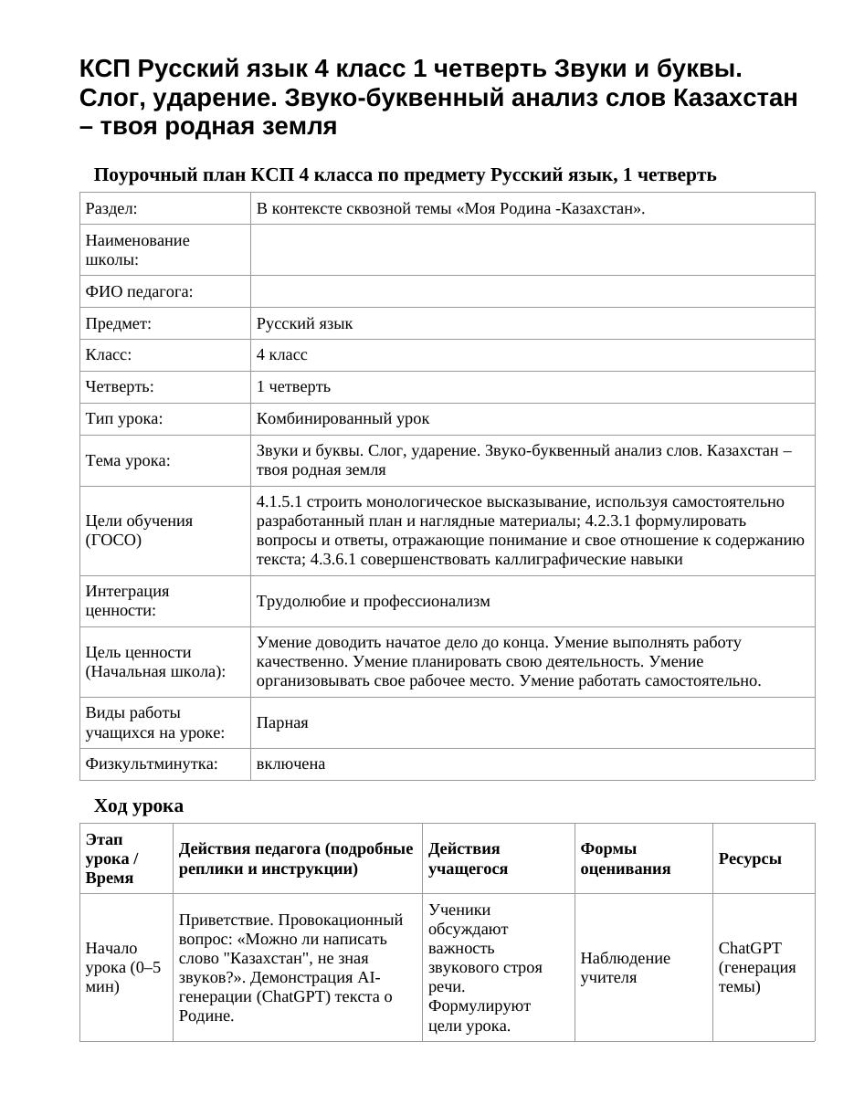 КСП Русский язык 4 класс 1 четверть Звуки и буквы. Слог, ударение. Звуко-буквенный анализ слов Казахстан – твоя родная земля