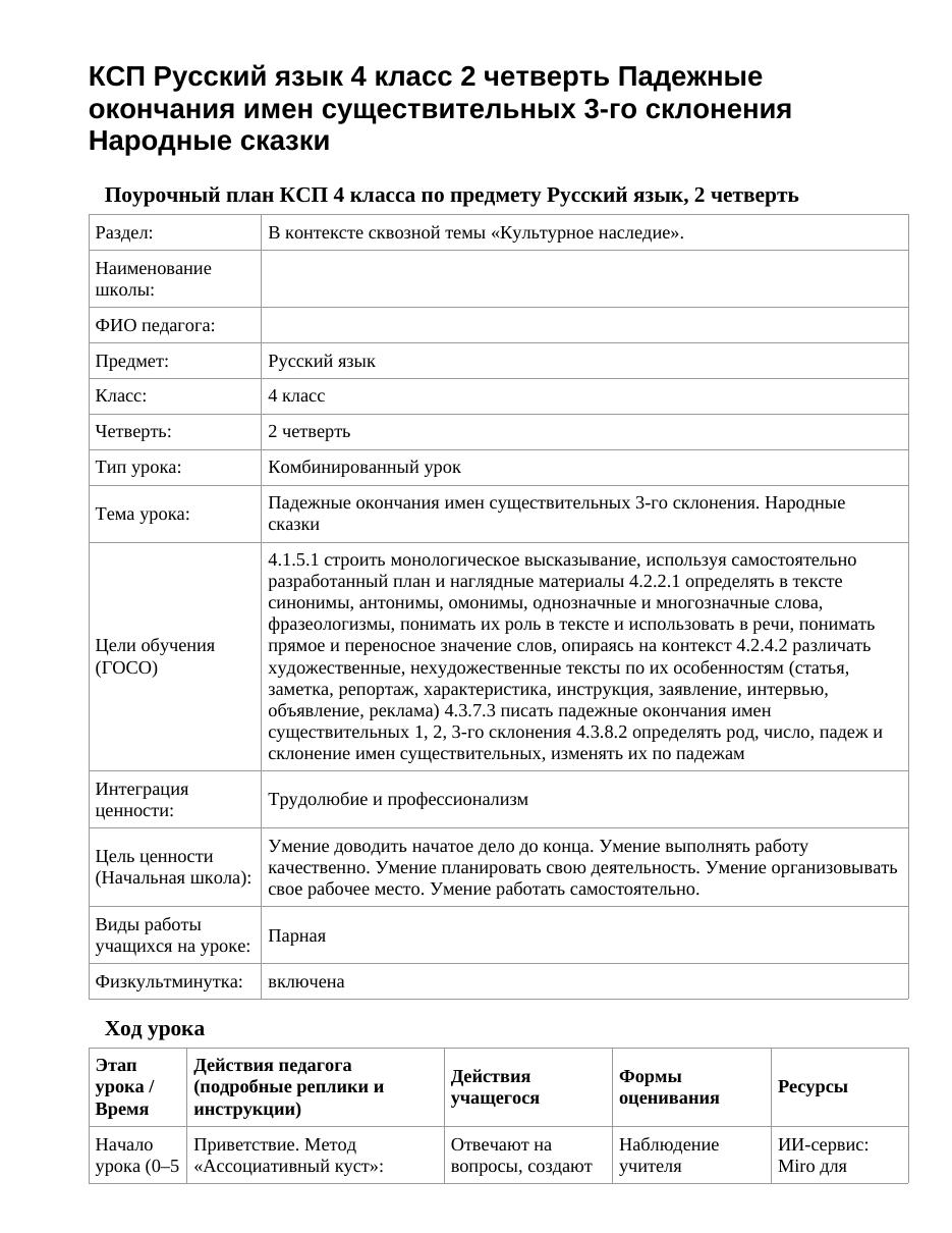 КСП Русский язык 4 класс 2 четверть Падежные окончания имен существительных 3-го склонения Народные сказки