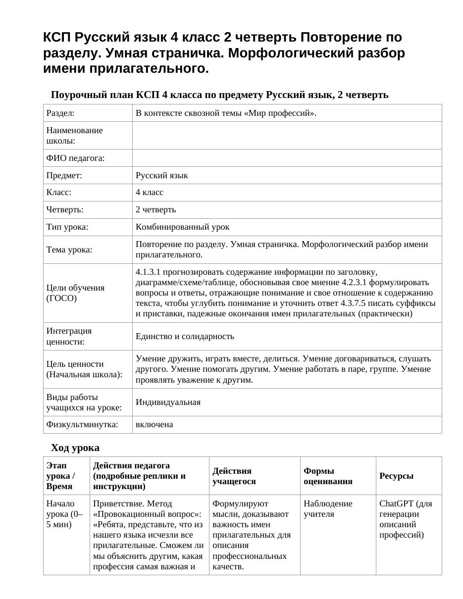 КСП Русский язык 4 класс 2 четверть Повторение по разделу. Умная страничка. Морфологический разбор имени прилагательного.