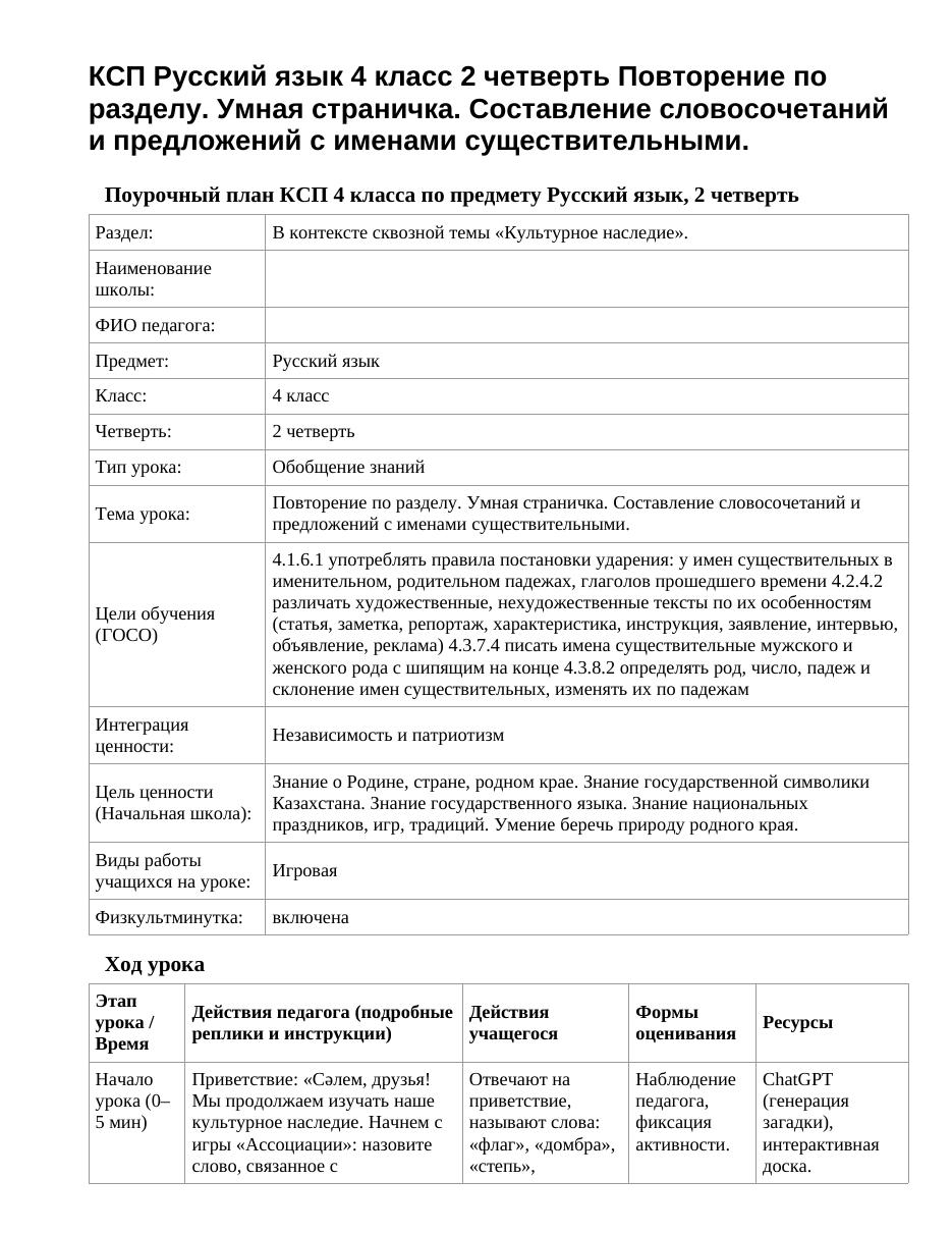 КСП Русский язык 4 класс 2 четверть Повторение по разделу. Умная страничка. Составление словосочетаний и предложений с именами существительными.