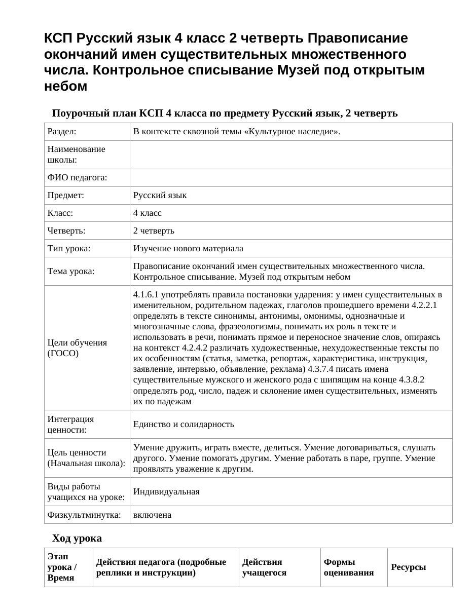 КСП Русский язык 4 класс 2 четверть Правописание окончаний имен существительных множественного числа. Контрольное списывание Музей под открытым небом