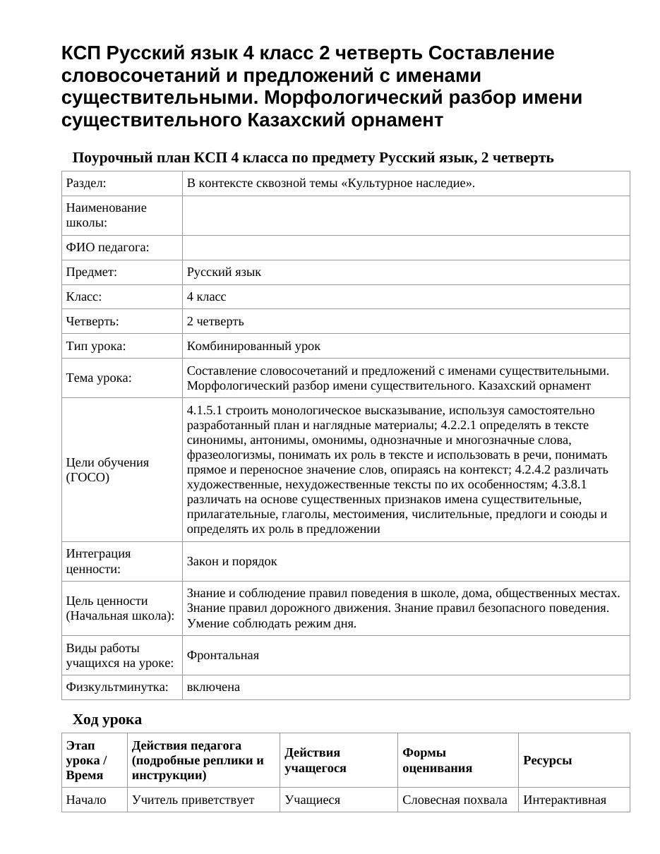 КСП Русский язык 4 класс 2 четверть Составление словосочетаний и предложений с именами существительными. Морфологический разбор имени существительного Казахский орнамент