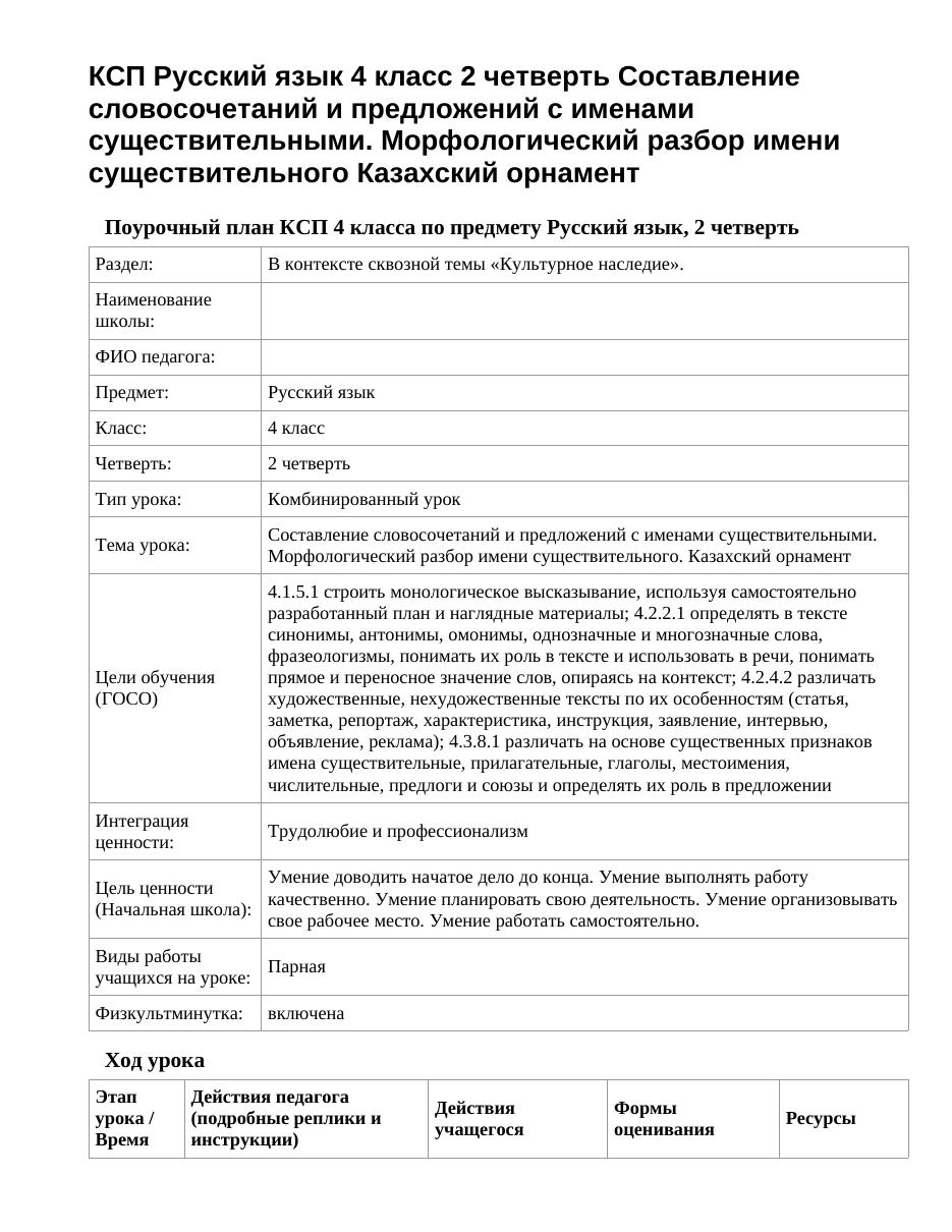 КСП Русский язык 4 класс 2 четверть Составление словосочетаний и предложений с именами существительными. Морфологический разбор имени существительного Казахский орнамент