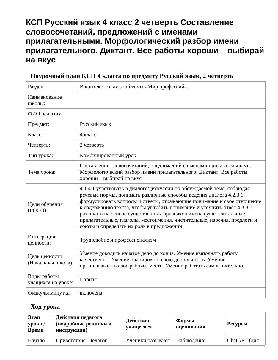 КСП Русский язык 4 класс 2 четверть Составление словосочетаний, предложений с именами прилагательными. Морфологический разбор имени прилагательного. Диктант. Все работы хороши – выбирай на вкус