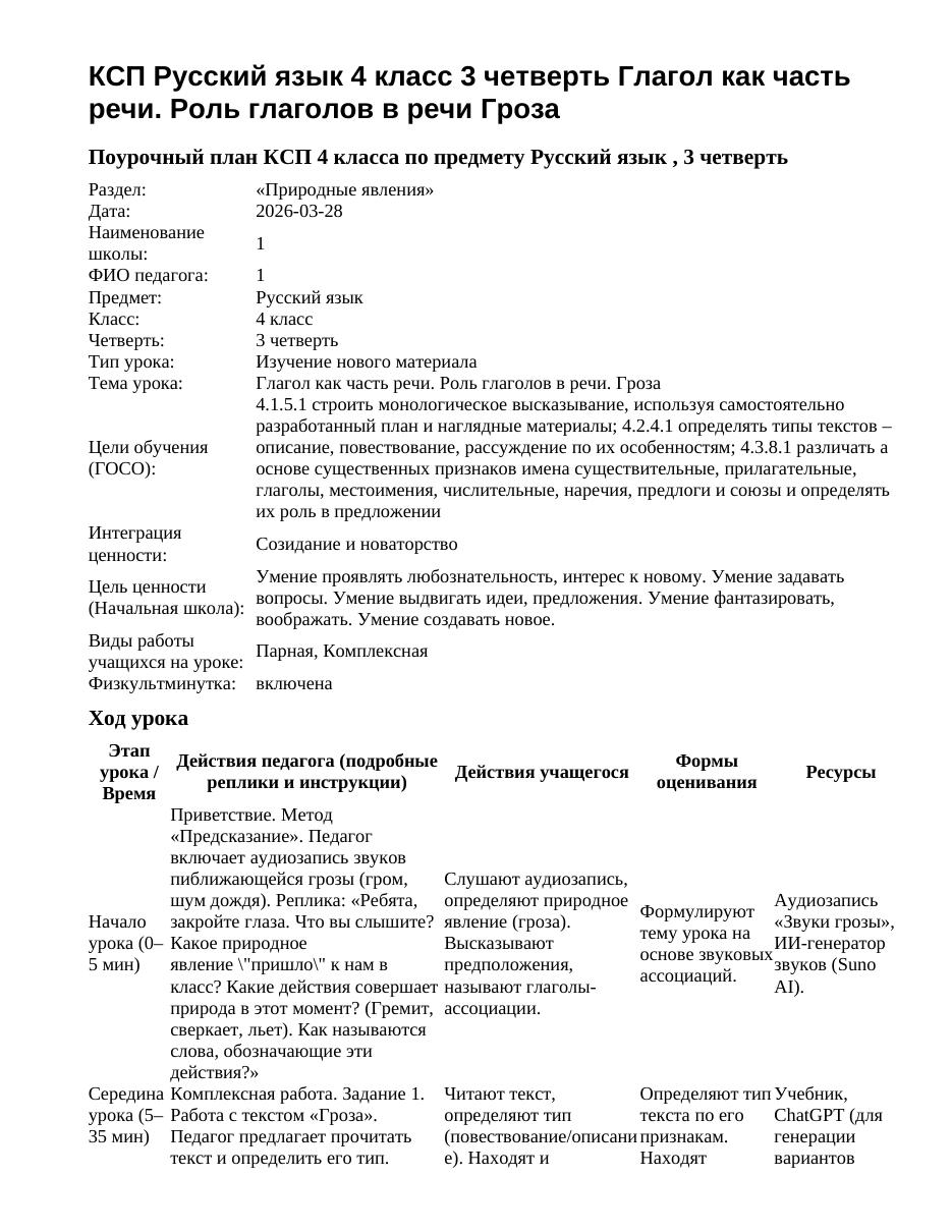 КСП Русский язык 4 класс 3 четверть Глагол как часть речи. Роль глаголов в речи Гроза