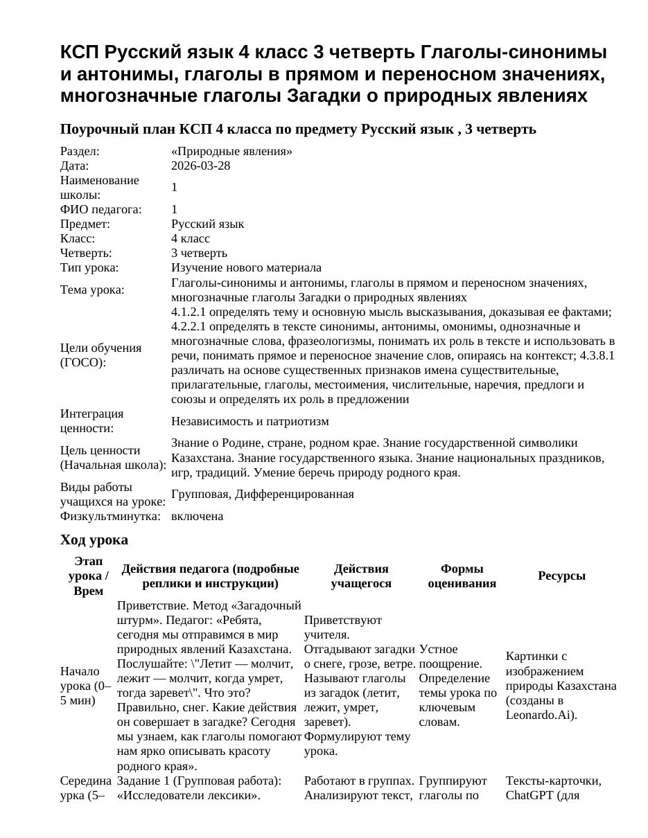 КСП Русский язык 4 класс 3 четверть Глаголы-синонимы и антонимы, глаголы в прямом и переносном значениях, многозначные глаголы Загадки о природных явлениях